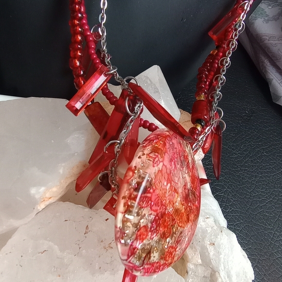 Red Lot Glass & Acrylic Necklaces, Painted Flower Dangle Earrings, Fashion Ring - Picture 6 of 9